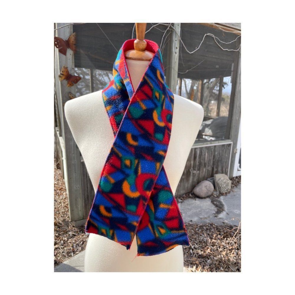 Vintage 80s Fleece Scarf Double Side Abstract Multicolor w/ Solid Red 43.5x4.5"
